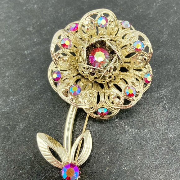 SARAH COVENTRY Rhinestone and silver tone filigree flower brooch vintage 50s pin - Picture 4 of 6
